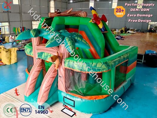 PVC Jungle Avontuur Opblaasbaar Springhuis Met Glijbaan Regenwoud Aap Palmboom Ontwerp Kinderfeest