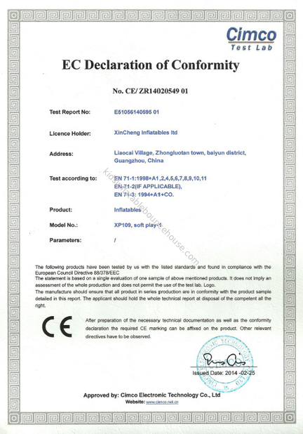 China Xincheng Inflatables ltd Certificaten